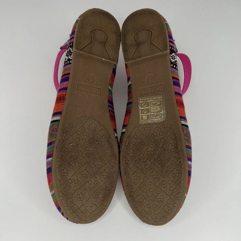 Bella Marie Dana Striped Strappy Ankle Flats Aztec Print Womens Size 7 Shoes